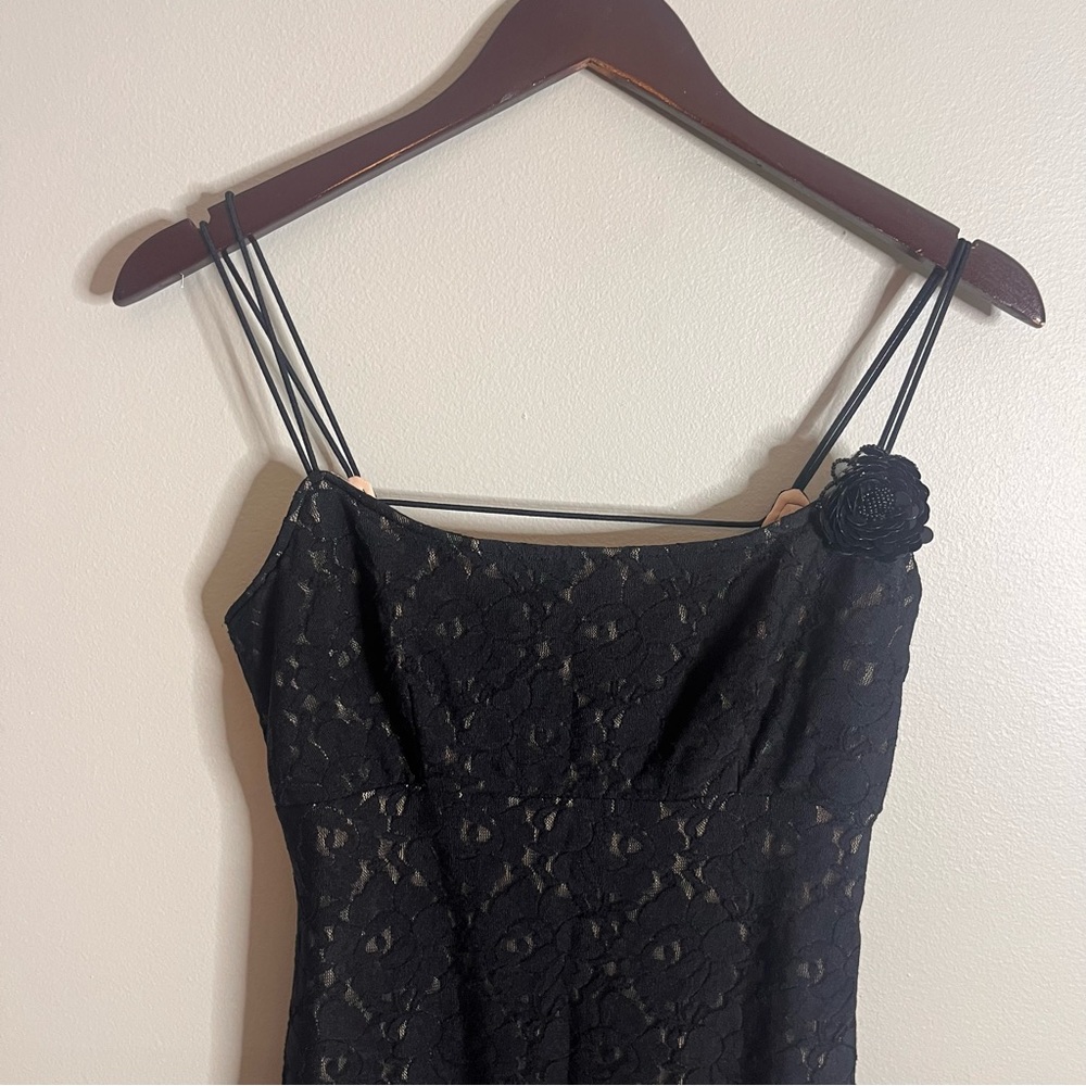 Vintage Y2K Size Small Black Lace Strappy Rosette Fitted Long Maxi Dress Gown - Picture 2 of 7